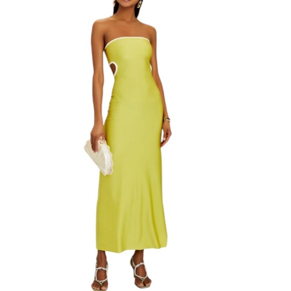 BAOBAB Mambo Evening Dress Neon Yellow Strapless Bandeau Cutout Small Women's